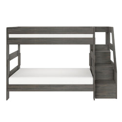 Modern gray wood twin-over-full bunk bed with built-in staircase storage and safety guardrails, space-saving platform design for kids and teens