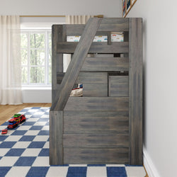 Rustic gray wooden loft bunk bed in kids bedroom with blue checkered rug, toy cars, and large window