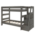 Gray wooden twin-over-full bunk bed with ladder, built-in storage stairs, guardrails and slatted mattress support, space-saving kids bedroom furniture in modern rustic finish