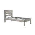 Gray wood twin platform bed frame with slatted headboard and metal center support rails, rustic modern single bed