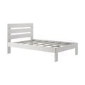 Minimalist white wooden platform bed frame with horizontal slatted headboard and wooden slat support, modern bedroom furniture