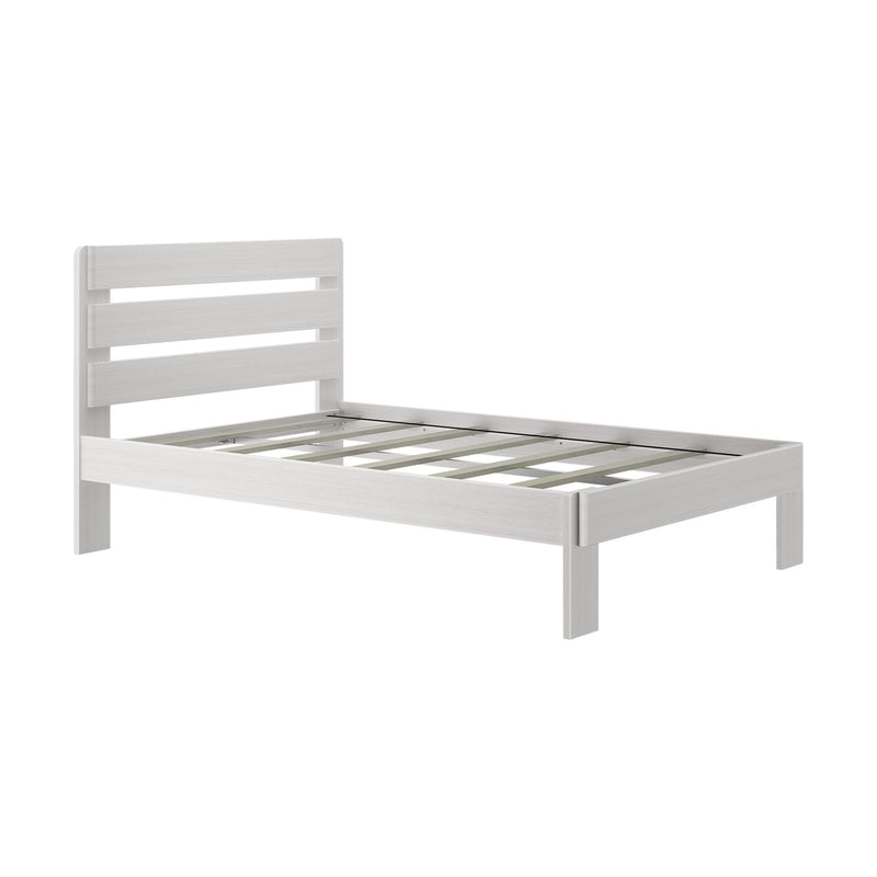 Minimalist white wooden platform bed frame with horizontal slatted headboard and wooden slat support, modern bedroom furniture