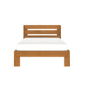 Solid oak bed frame with horizontal slatted headboard and white mattress, minimalist modern rustic design