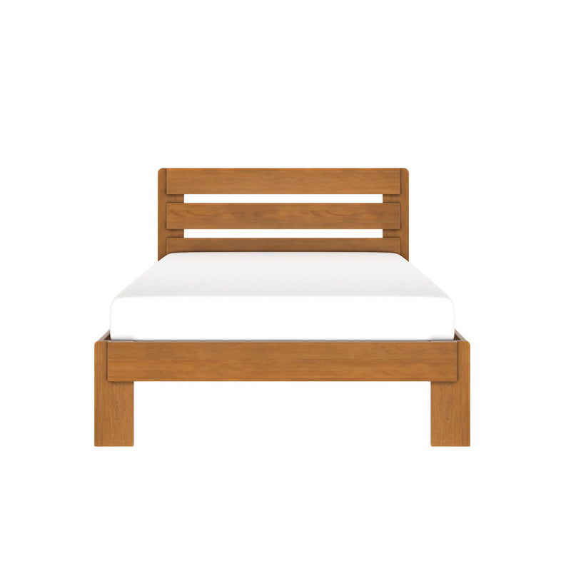 Solid oak bed frame with horizontal slatted headboard and white mattress, minimalist modern rustic design