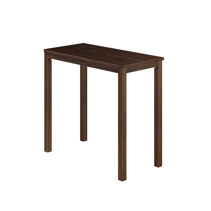 Dark walnut tall narrow rectangular bar table with straight square legs, modern wooden pub-height table on white background