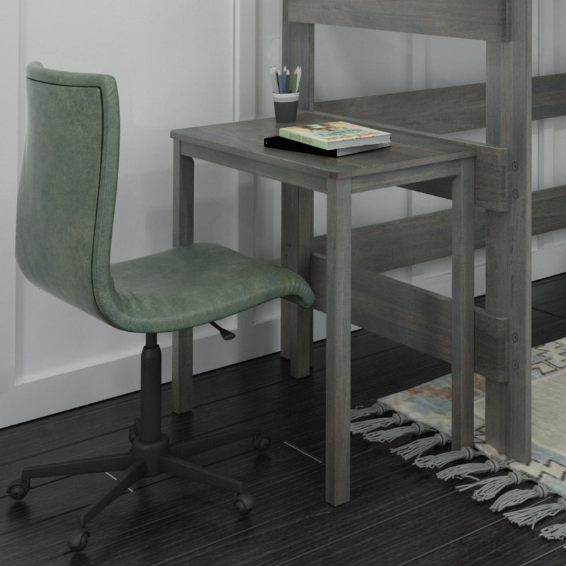Simple home office setup with green swivel chair and wooden desk in a cozy room.