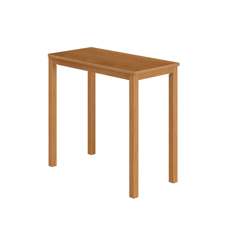 Minimalist narrow rectangular solid wood side table in light oak finish with straight legs on white background