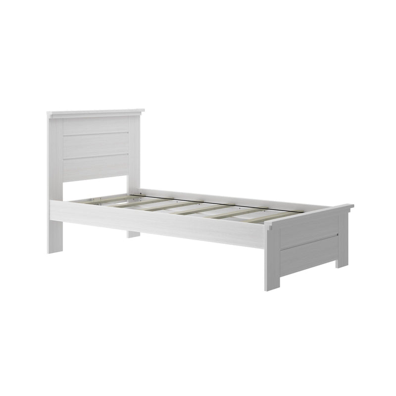 White twin bed frame with slatted headboard and footboard, featuring a modern and minimalist design.