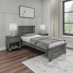Modern bedroom featuring a wooden bed frame with gray bedding, two nightstands with lamps, and a stylish wall art decoration.