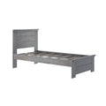 Gray weathered wood platform bed frame with slatted headboard and low footboard, single/twin size rustic farmhouse style, mattress not included