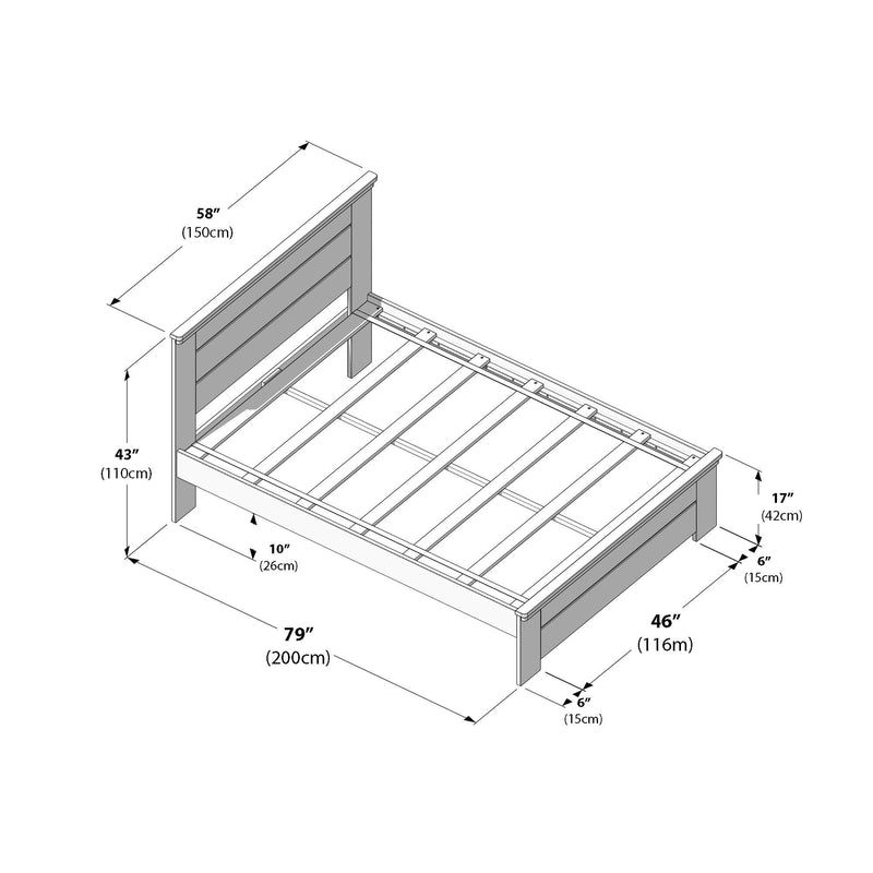 Technical diagram of a wooden slatted bed frame with headboard showing dimensions in inches and centimeters (79″/200 cm L, 58″/150 cm W, 43″/110 cm H)