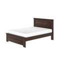 Dark brown wooden twin-size platform bed frame with paneled headboard and white mattress, rustic bedroom furniture