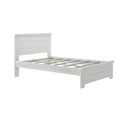 White wooden platform bed frame with slatted headboard and footboard, mattress-ready wooden slats, minimalist modern farmhouse bedroom furniture