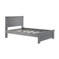 Gray wooden platform bed frame with slatted base and paneled headboard, modern rustic bedroom furniture