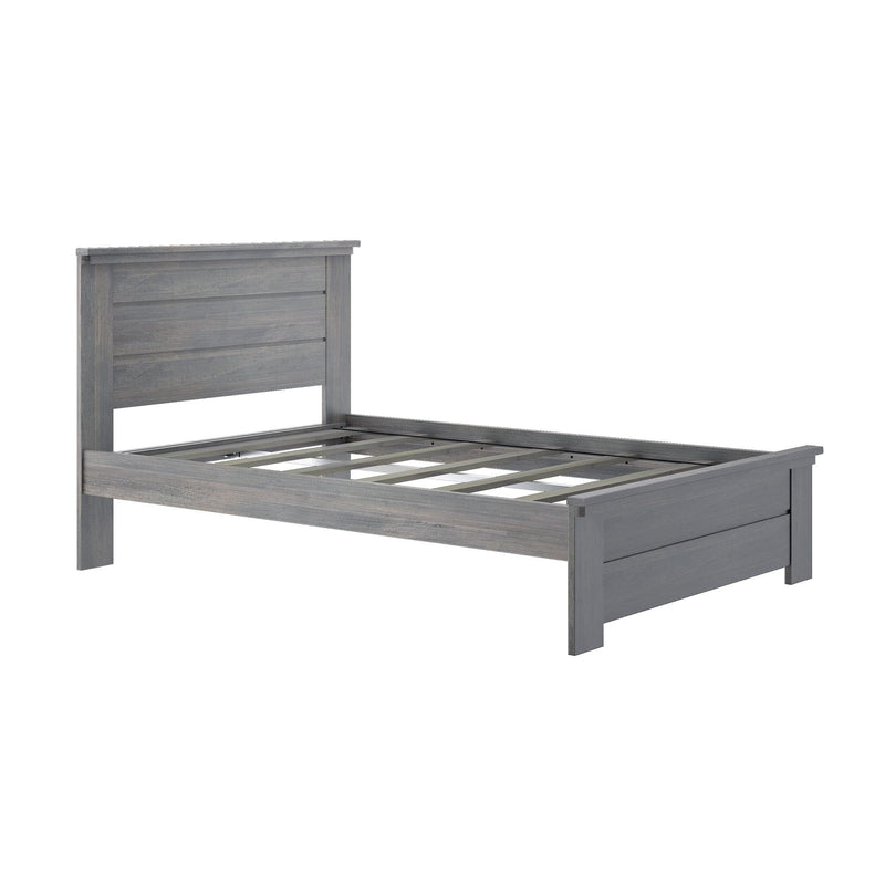 Gray wooden platform bed frame with slatted base and paneled headboard, modern rustic bedroom furniture