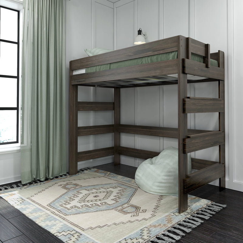 Dark wood twin loft bed with built-in ladder and guardrail in a modern kids' bedroom, green bedding and curtains, patterned rug and bean bag underneath