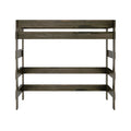 Weathered gray wooden twin-over-twin bunk bed frame with slatted guardrails and sturdy, space-saving design