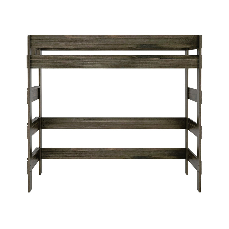 Weathered gray wooden twin-over-twin bunk bed frame with slatted guardrails and sturdy, space-saving design
