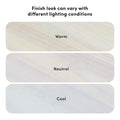 Light wood finish color variations under warm, neutral, and cool lighting conditions, sample panels showing how lighting affects finish appearance