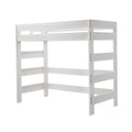 White wooden twin loft bed frame with built-in ladder and guard rails, open underside for storage or play — minimalist space-saving kids' bedroom furniture