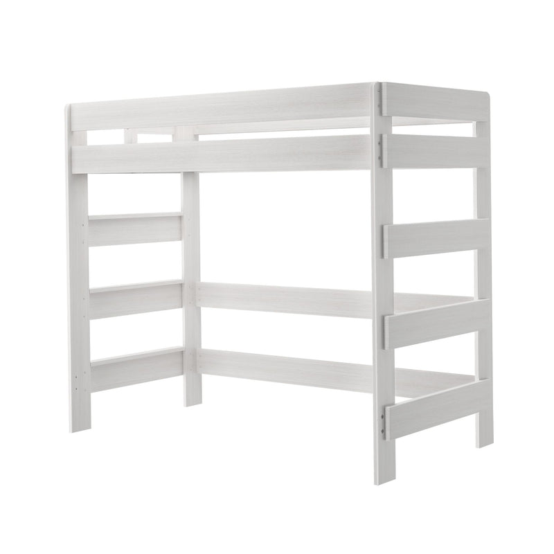 White wooden twin loft bed frame with built-in ladder and guard rails, open underside for storage or play — minimalist space-saving kids' bedroom furniture
