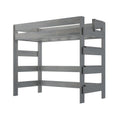 Gray wooden loft bunk bed frame with top safety rails and integrated ladder, space-saving twin bunk for kids bedroom