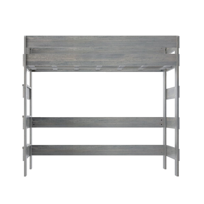 Front view of a twin-over-twin gray wooden bunk bed frame with ladder and guardrails in a weathered gray finish for kids' bedroom