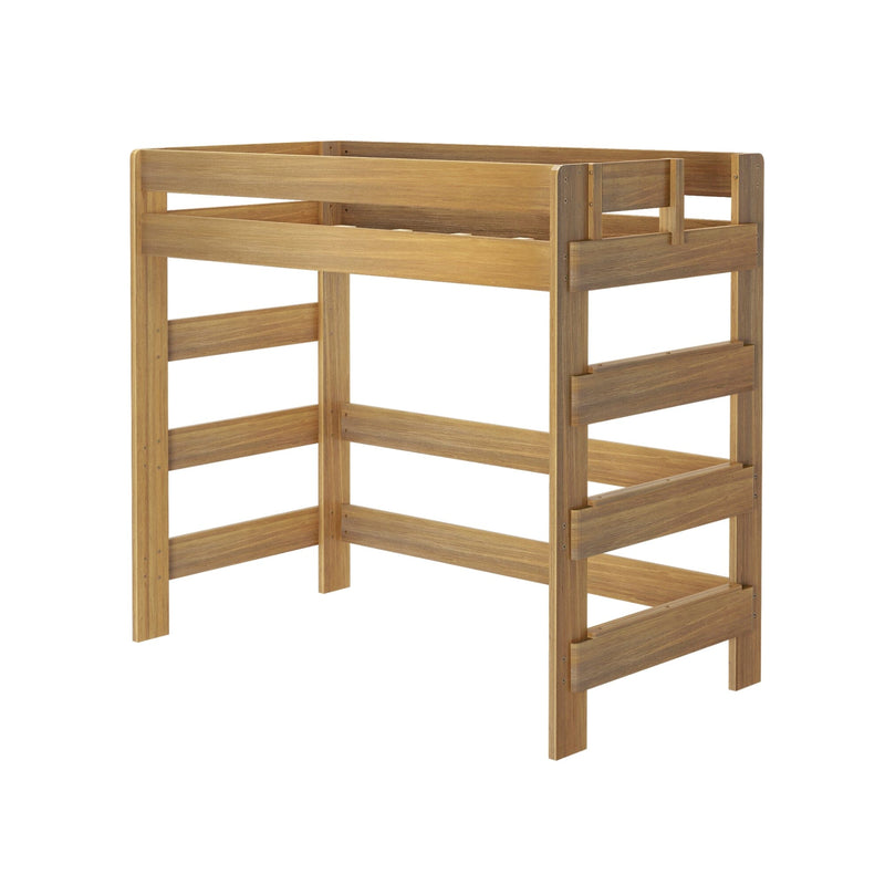 Wooden elevated bed frame with ladder, ideal for space-saving bedroom furniture.
