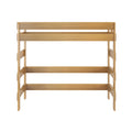 Natural wood twin bunk bed frame with safety rails and slatted mattress support, minimalist loft-style wooden bunk on white background