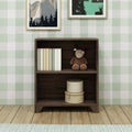 Wooden bookshelf with books, a stuffed moose toy, and decorative boxes against plaid wallpaper background.