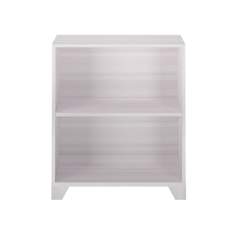 White two-tier wooden bookshelf with open shelves for home office storage solutions.