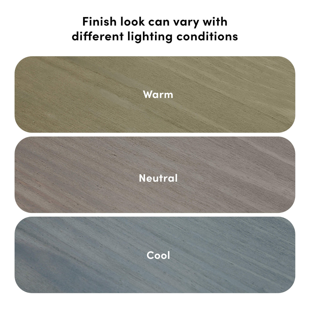 Wood finish color variations under different lighting conditions showing warm, neutral, and cool tones.