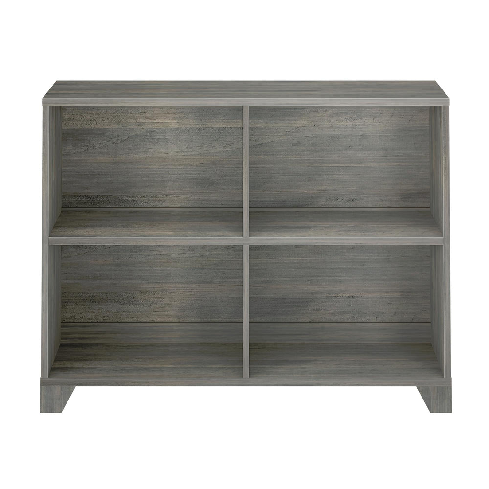 Wooden bookshelf with six compartments featuring a rustic gray finish, ideal for home or office storage and organization.