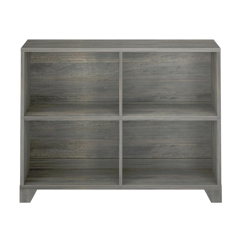 Wooden bookshelf with six compartments featuring a rustic gray finish, ideal for home or office storage and organization.