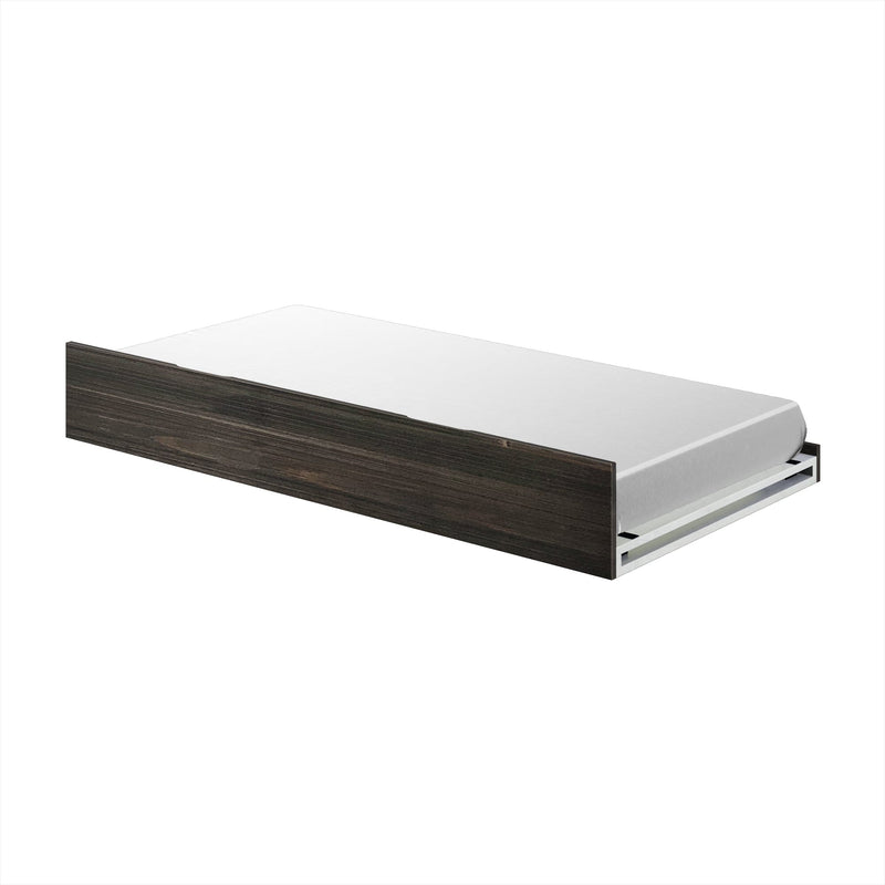 Pull-out trundle bed frame with mattress in dark wood finish.