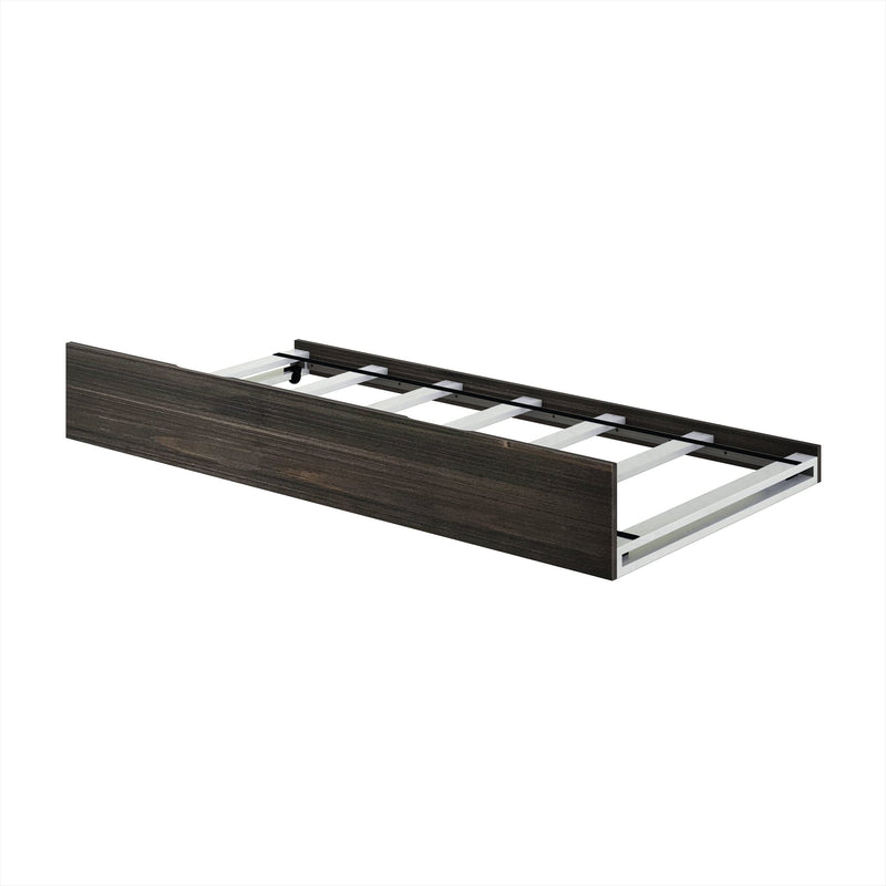Under bed storage drawer with dark wood finish for bedroom organization.