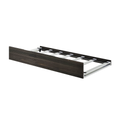 Under-bed storage drawer with dark wood front, white slatted base and metal frame for bedroom organization