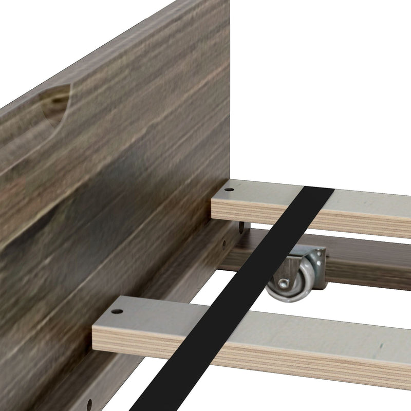 Close-up of a wooden bed frame corner with metal caster wheel for easy mobility.