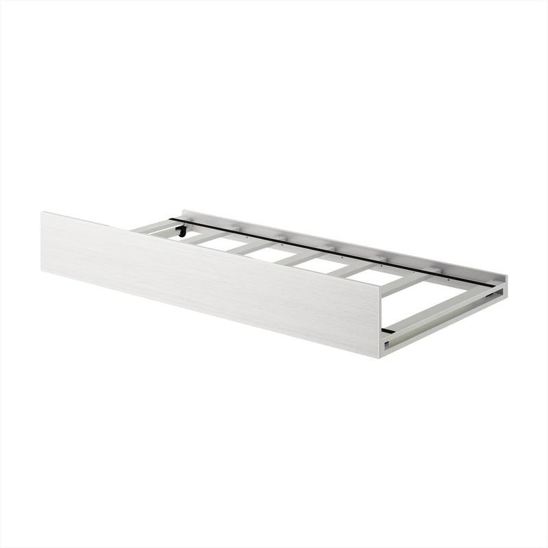 Metal bed frame with wooden headboard panel for bedroom furniture.