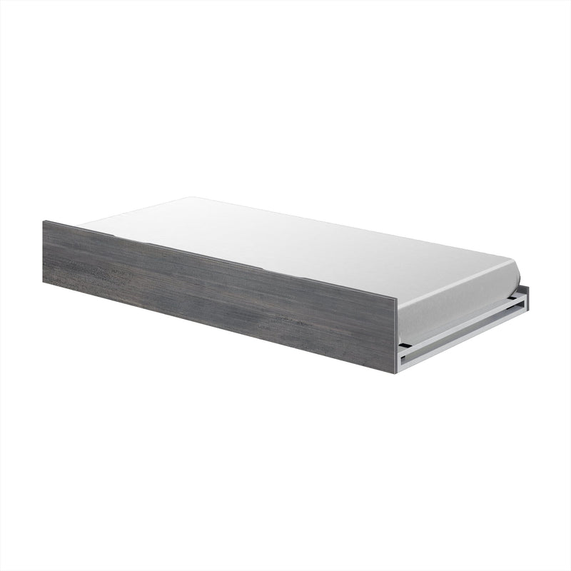 Gray wood twin size trundle bed frame with mattress.