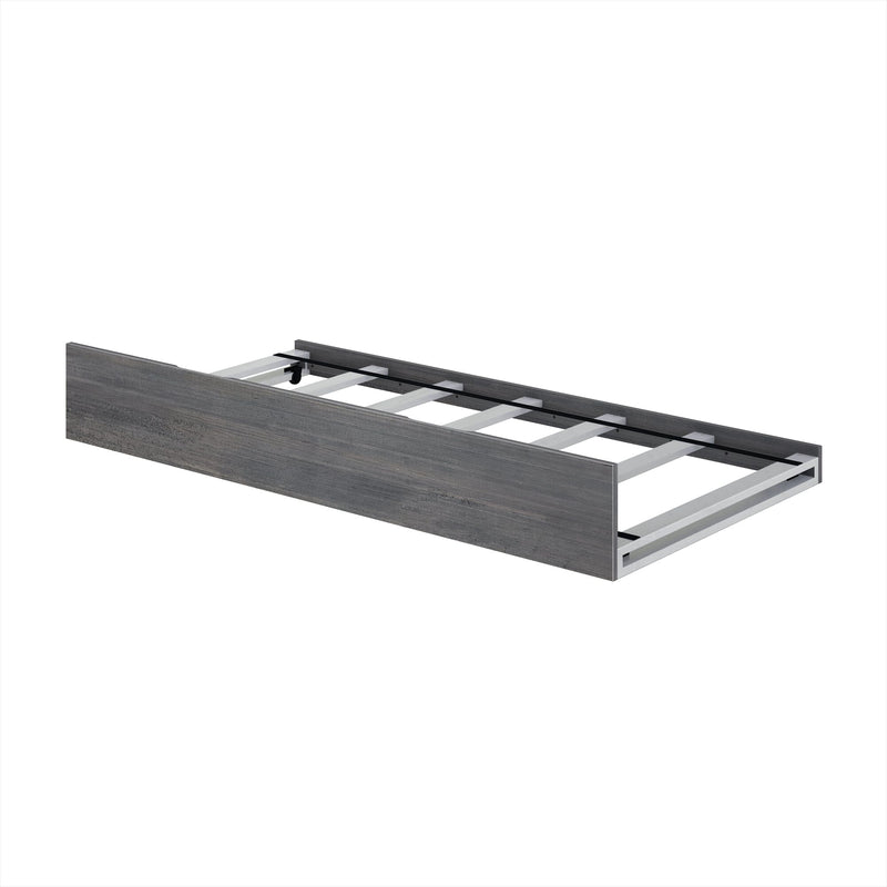 Gray wooden bed frame with slatted base for mattress support.