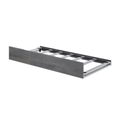 Modern gray trundle bed frame with wood front panel and metal slatted base, pull-out underbed storage for a twin mattress