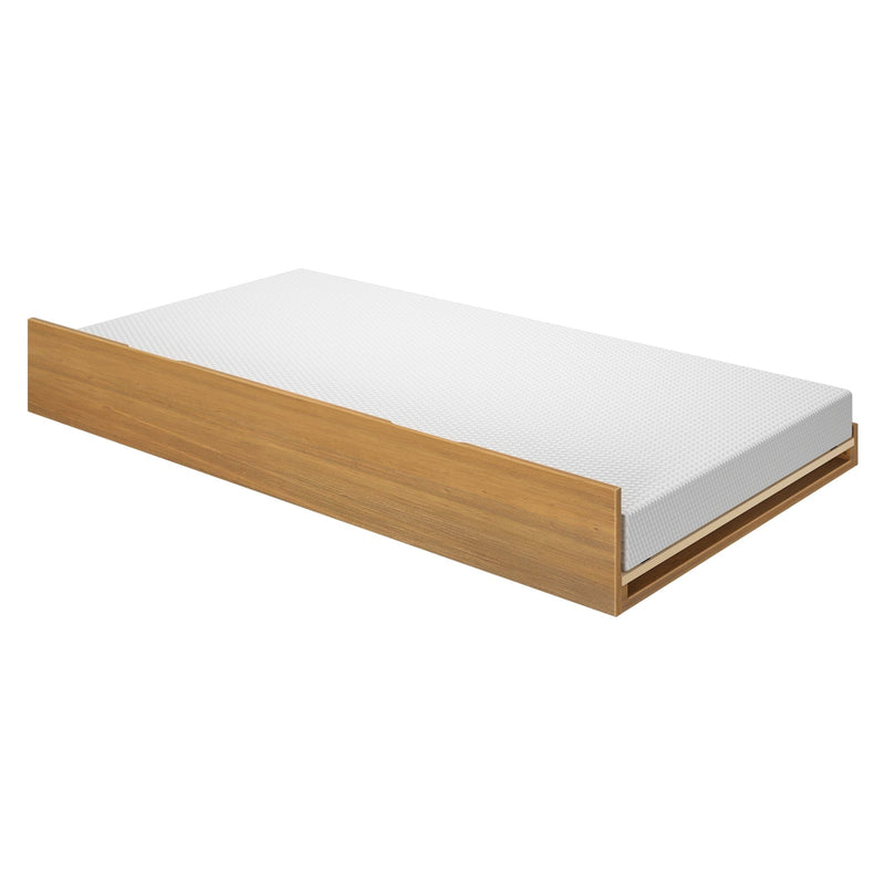 Modern wooden trundle bed frame with white mattress, perfect for space-saving and guest rooms.