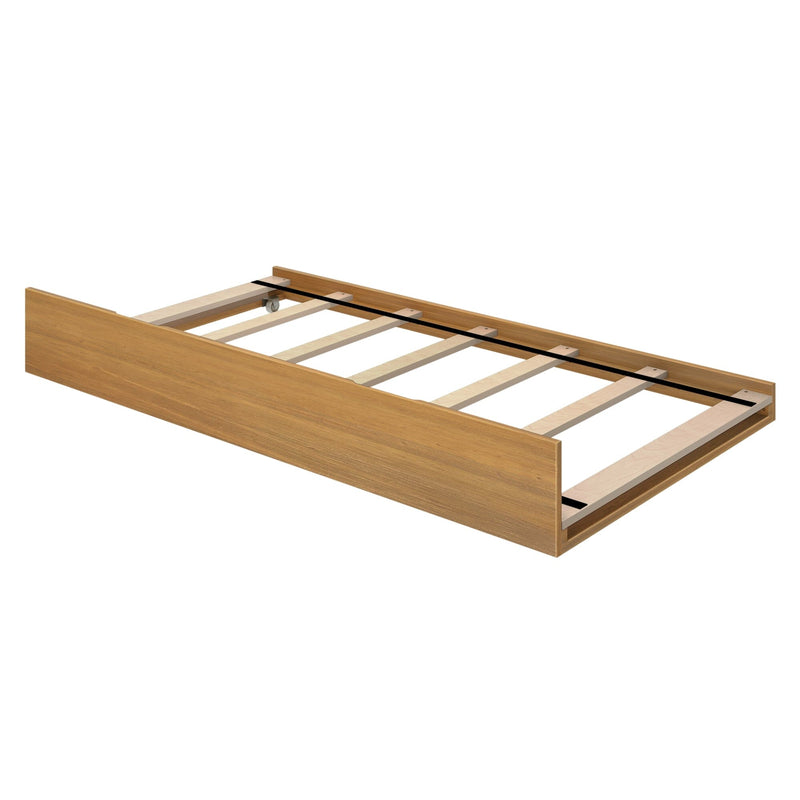 Wooden twin bed frame with slats for mattress support.