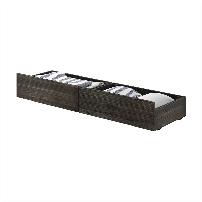 Dark wood underbed storage drawers with striped pillows.