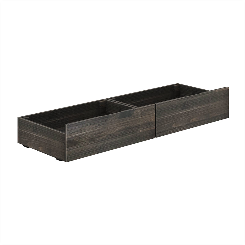 Dark wooden under-bed storage drawer set for bedroom organization.