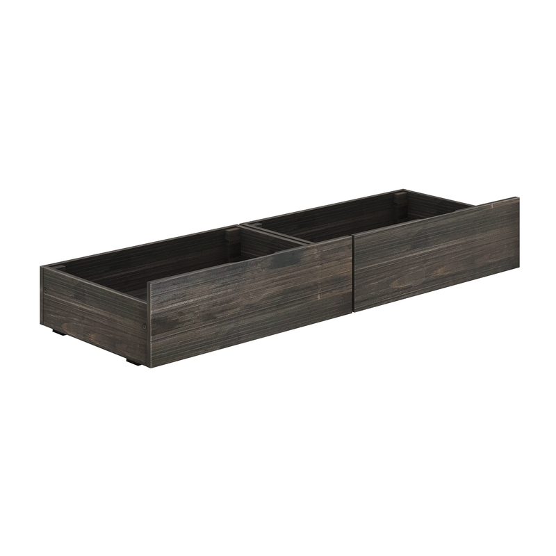 Under-bed storage drawers in dark gray wood finish with two large compartments, low-profile sliding bedroom storage organizer