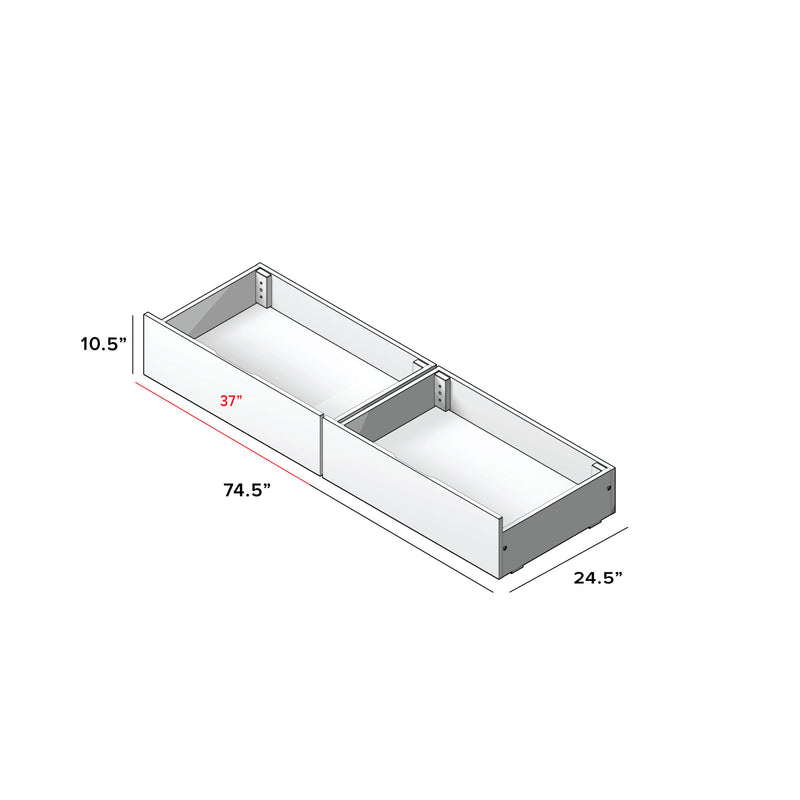 Drawing of a two-compartment storage box with dimensions 74.5 inches by 24.5 inches by 10.5 inches.