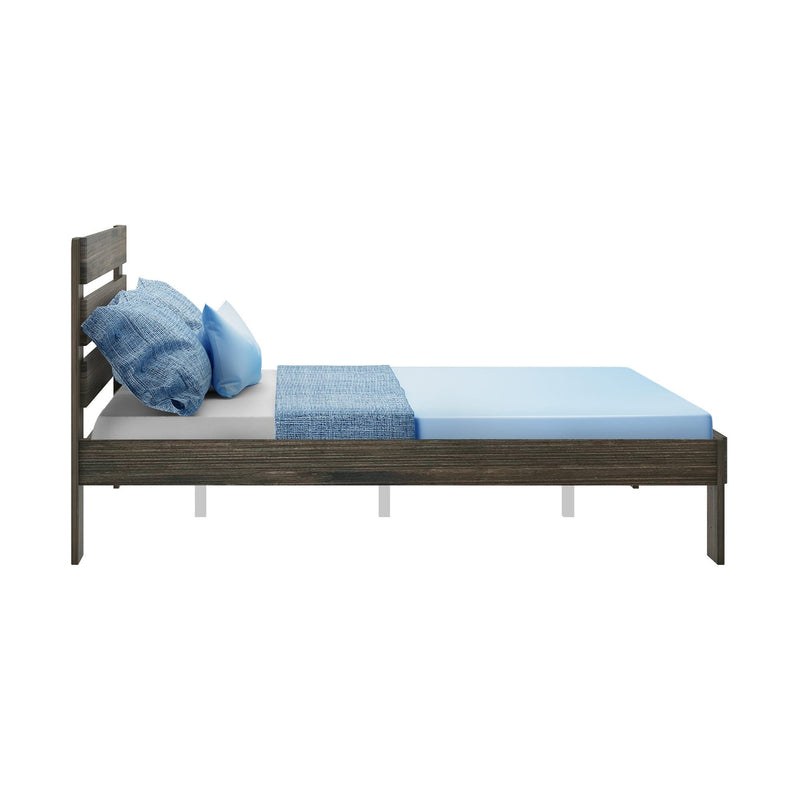 Modern wooden bed frame with blue bedding and pillows.