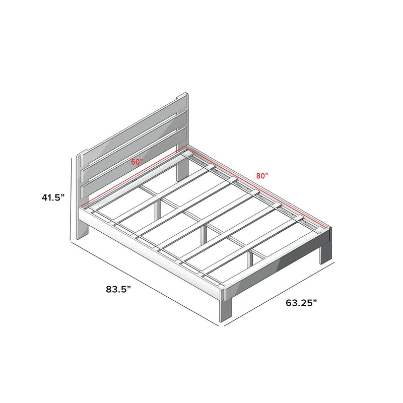Queen-size platform bed frame dimensions with headboard and slats, measuring 83.5x63.25 inches, ideal for modern bedroom interiors.